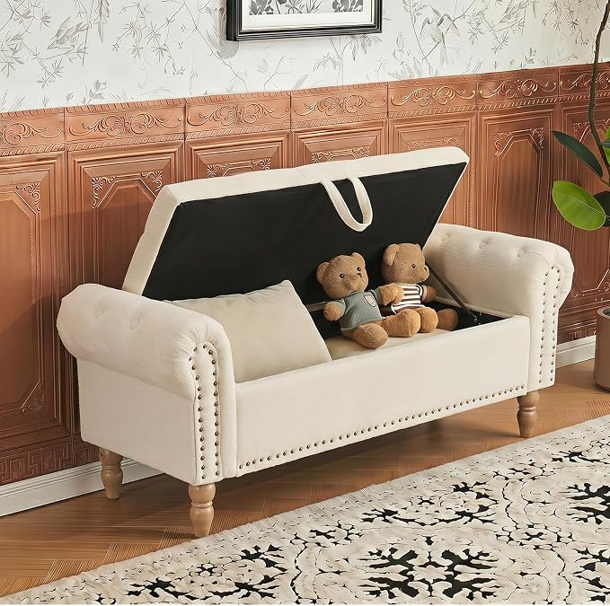 Furniliving 51” End of Bed Storage Bench, Bedroom Bench with Button-Tufted, Upholstered Storage Ottoman Benches Window Bench with Storage, Chenille Bench for Living Room, Entryway, Beige