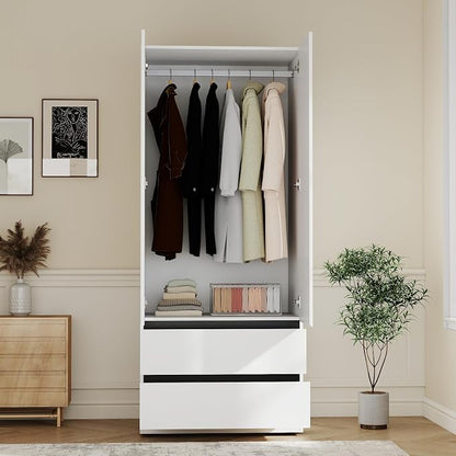 White Armoire Wardrobe Closet: 75" Large Wardrobe Closet with 6 Doors, Modern Bedroom Armoires with 6 Drawers, Tall Wood Closets for Bedroom