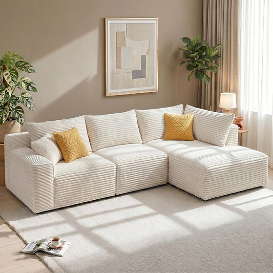 Homkdom 98" Boneless Modular Sectional Sofa, Cloud Couch with 27" Deep Seat & Oversized Chaise, L-Shaped High-Density Foam Sofa for Living Room Apartment, No Assembly Required (White, Right Facing)
