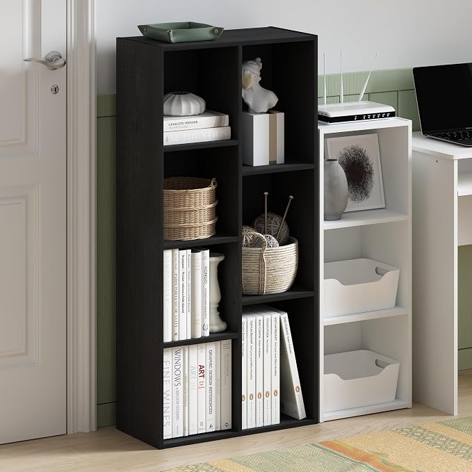 Furinno LUDER Book Shelf, 7-Cube Bookshelf, Bookcase with Open Shelves, 9.4 x 19.5 x 41.7, Easy Assembly, for Living Room, Bedroom, Home Office, Blackwood