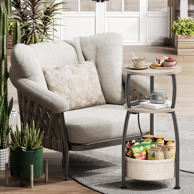 Small Side Table with Charging Station, Round End Table with Basket, USB Port and Outlet, 3 Tiers Sofa Couch Table Bedside Table for Living Room Bedroom, Small Spaces, 11.81in Greige
