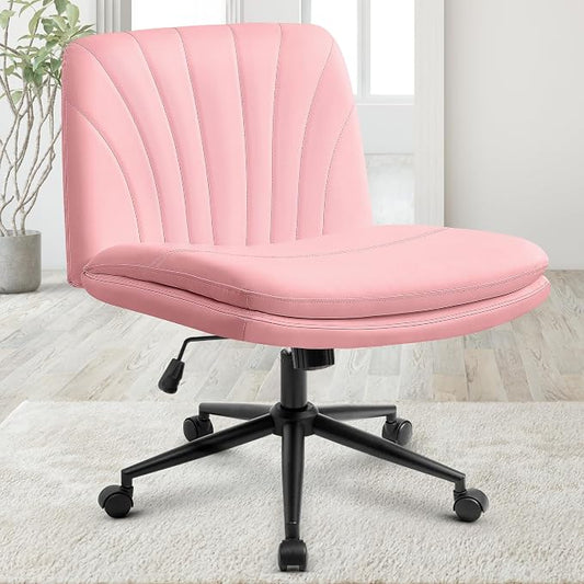 Orange Factory Criss Cross Chair with Wheels Comfy Wide Vanity Desk Chair Dual Base Leather Armless Adjustable Swivel for Home Computer Task (Pink Pu, Faux Leather)
