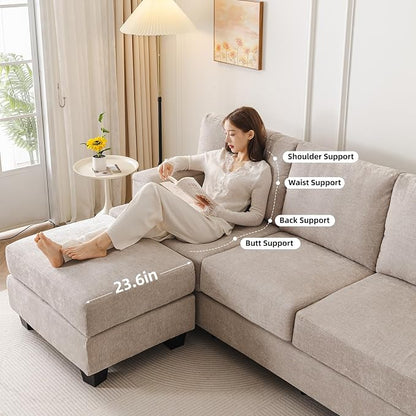 85'' L Shaped Couch with Armrest Organizer,3 Seats Sofas with Movable Ottoman,Comfy Sectional Sofa with Thick Cushion,Chenille Sectional Couches for Living Room,Bedroom,Apartment,Home Furniture,Khaki