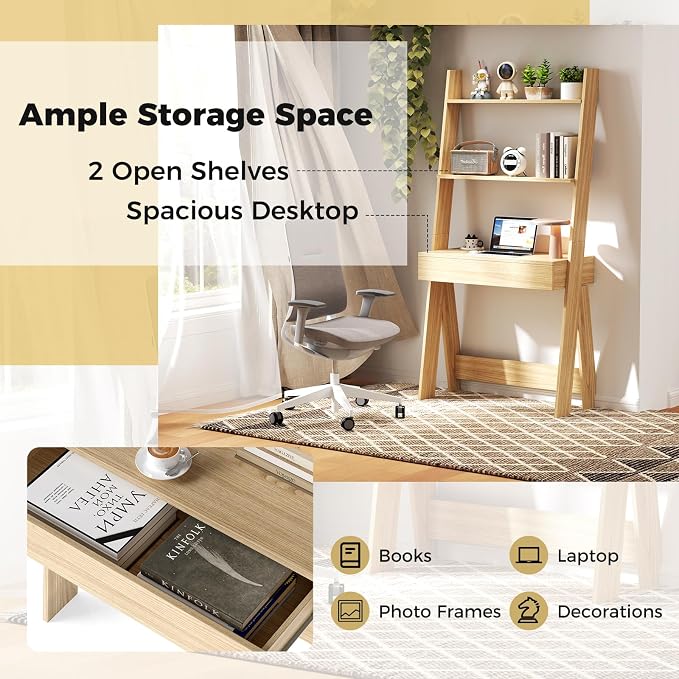 Tangkula Ladder Desk with Countertop & Drawer, Home Office Computer Laptop Table with Open Shelves & Anti-Tip Kits, Wall-Leaning Compact Working Station for Small Spaces (Natural)