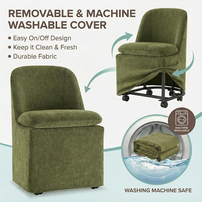 KISLOT Upholstered Dining Chairs Set of 4 with Casters, Modern Side Armless Deskchair with Washable Slipcover & Sturdy Metal Frame for Diningroom Bedroom Livingroom Reading Room, Green Fabric