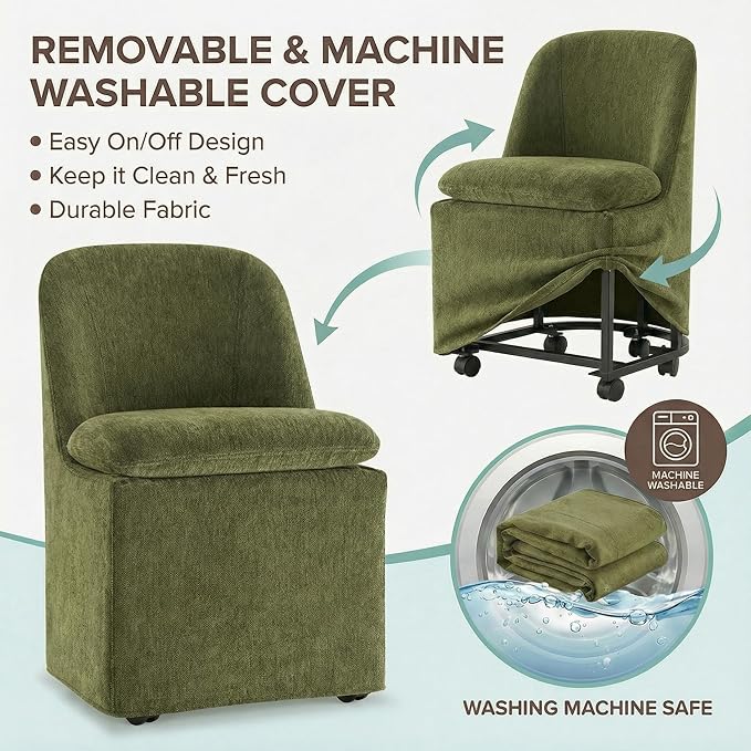 KISLOT Upholstered Dining Chairs with Casters, Washable Cover Modern Dining Room Chairs with Thick Cushion & Sturdy Metal Frame for Kitchen, Living Room, Dressing Room, Green Fabric, Set of 2