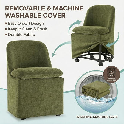 KISLOT Upholstered Dining Chairs with Casters, Washable Cover Modern Dining Room Chairs with Thick Cushion & Sturdy Metal Frame for Kitchen, Living Room, Dressing Room, Green Fabric, Set of 2