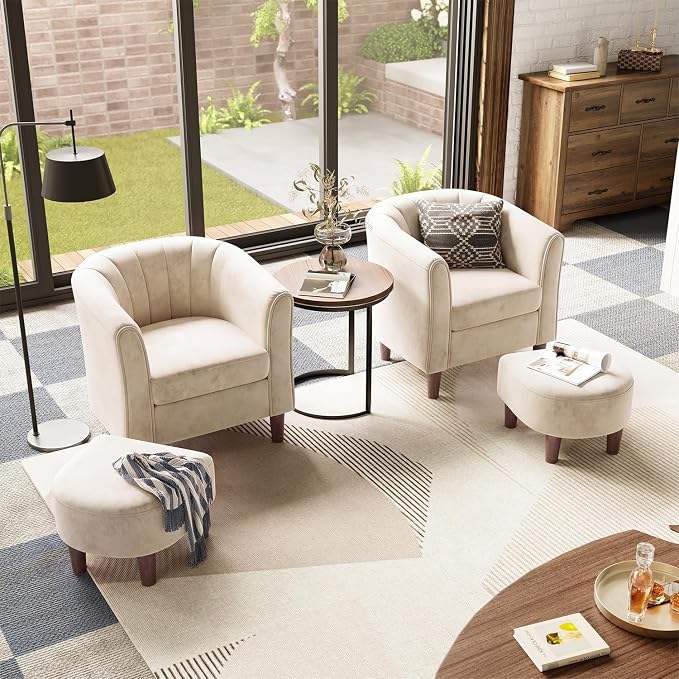 LINSY Accent Chair Set of 2, Velvet Barrel Chair with Ottoman, Modern Comfy Small Armchair for Small Spaces Reading Room Living Room Bedroom Kids Room Office, Beige
