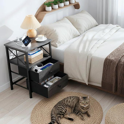 AMHANCIBLE Night Stand Set 2, Nightstand with Charging Station, Small Bedside Table with 2 Fabric Drawers, End Tables Living Room with USB C Ports for Bedroom, Dark Grey HET05XDG