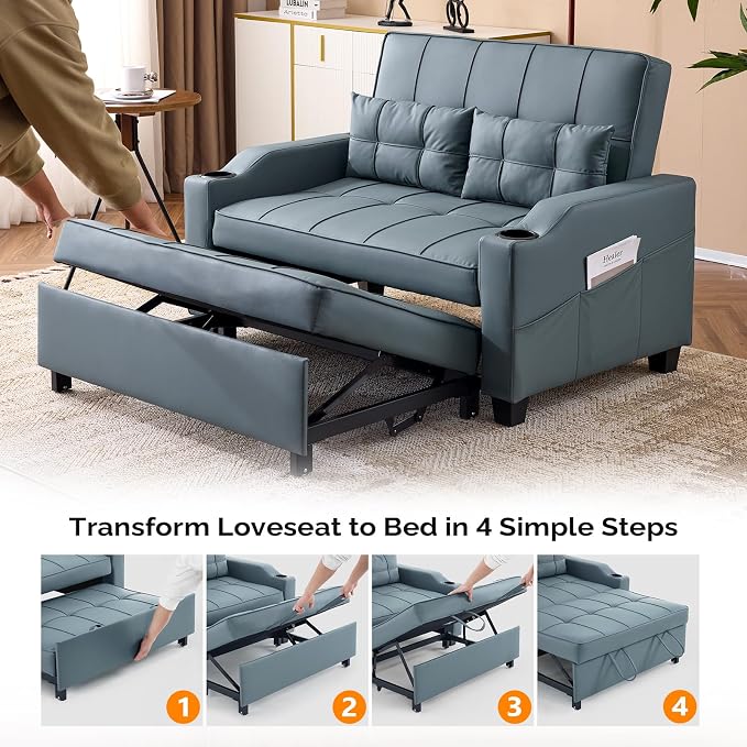 VINGLI Convertible Loveseat Sleeper Sofa, Blue Grey Faux Leather Futon Sofa Bed Pullout Couch Bed with USB Ports, Cup Holders, Armrest for Living Room, Bedroom, Home Office Apartment