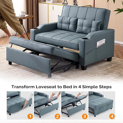 VINGLI Convertible Loveseat Sleeper Sofa, Blue Grey Faux Leather Futon Sofa Bed Pullout Couch Bed with USB Ports, Cup Holders, Armrest for Living Room, Bedroom, Home Office Apartment