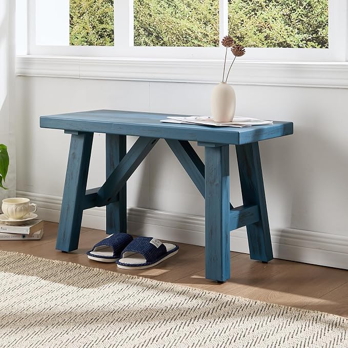 30" Farmhouse Entryway Bench, Rustic Solid Wood Dining Room Bench Small Entryway/Hallway Bench for Indoors Entry Way Seating for Living Room, Hallway, Porch, Easy Assembly, Blue