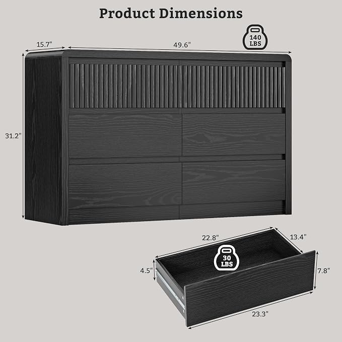 LYNSOM 6 Drawer Dresser for Bedroom, 50" Wide Fluted Dresser with Curved Corners, Wood Dressers & Chests of Drawers with Dual-Panel Design for Bedroom, Entryway, Black