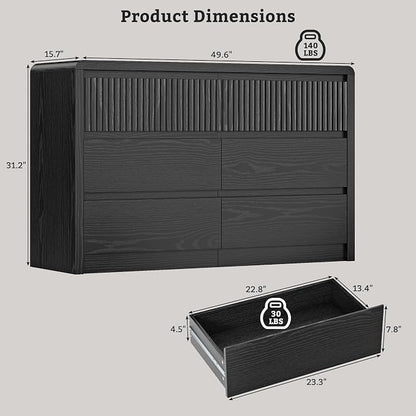 LYNSOM 6 Drawer Dresser for Bedroom, 50" Wide Fluted Dresser with Curved Corners, Wood Dressers & Chests of Drawers with Dual-Panel Design for Bedroom, Entryway, Black