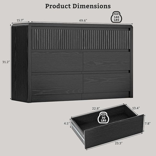 LYNSOM 6 Drawer Dresser for Bedroom, 50" Wide Fluted Dresser with Curved Corners, Wood Dressers & Chests of Drawers with Dual-Panel Design for Bedroom, Entryway, Black