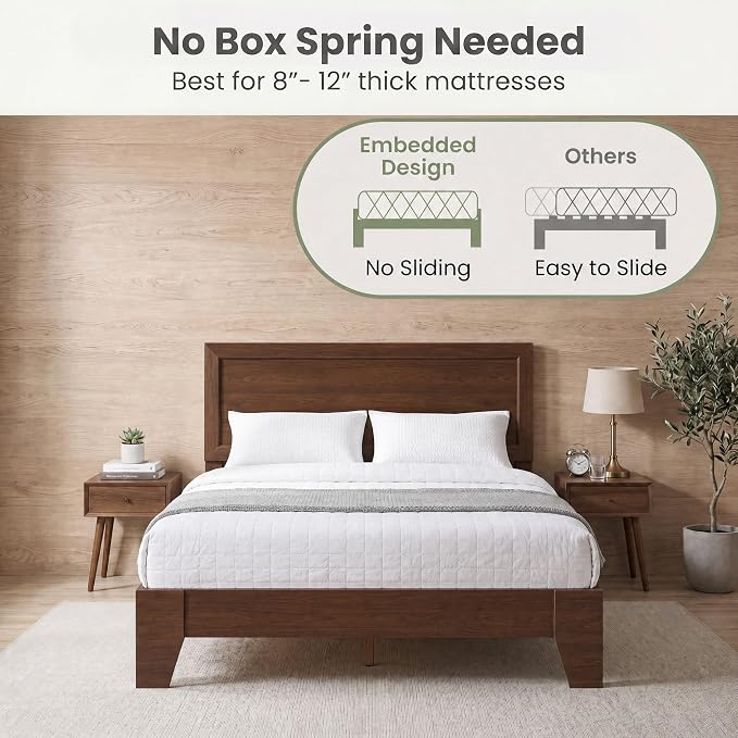 Giantex Queen Size Wooden Bed Frame with Headboard, Wood Slat Support | Modern Platform Bed with Heavy Duty Mattress Foundation, Under-Bed Storage, No Box Spring Needed, Easy Assembly (Walnut)