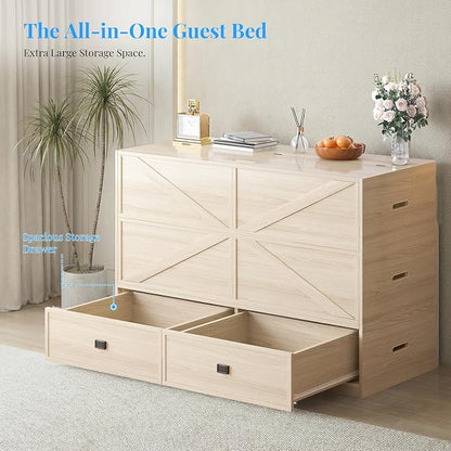 PUREMIND Murphy Bed Full with Mattress Included, Wood Cabinet Bed with Dual Storage Drawers & 2 Pillows, 3-in-1 Convertible Sofa Beds for Small Space, Guest Room, Natural