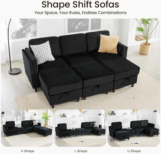 KKL Modular 6 Seater Sleeper Sofa Bed Sofa - 83 Inch Couch with Storage Ottoman, Convertible L/U-Shaped Sleeper Couch for Living Room, Modern Reversible Design, Black