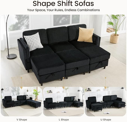 KKL Modular 6 Seater Sleeper Sofa Bed Sofa - 83 Inch Couch with Storage Ottoman, Convertible L/U-Shaped Sleeper Couch for Living Room, Modern Reversible Design, Black