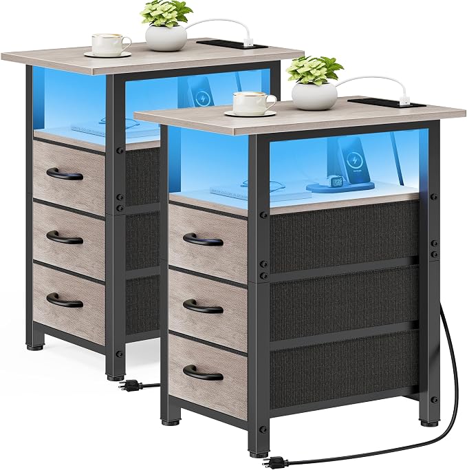 Vagusicc Set of 2 Nightstand with Charging Station and LED Lights, Narrow End Table, LED Night Stand with 3 Fabric Drawers for Bedroom, Small Bedside Table, Narrow Side Table for Small Spaces, Greige