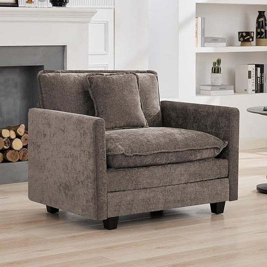 WUTUTUEE 41'' Modern Chenille Oversized Chair, Upholstered Accent Living Room Chair with Extra Thicked Deep Seat, Single Lounge Chair for Bedroom, Small Apartment, Brown