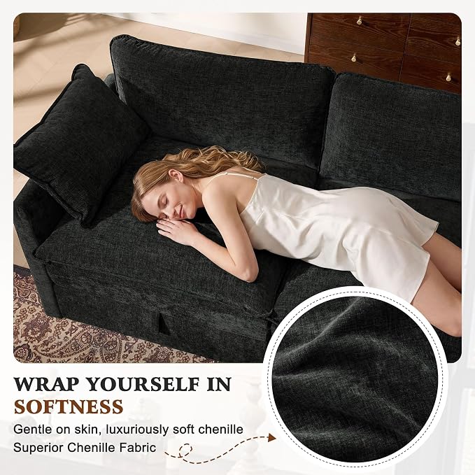 Ihanherry 103” Modular Sectional Sofa with Storage, U Shaped Cloud Couch with Movable Ottomans & 4 Pillows, Chenille Deep Seat Sectional Couches for Living Room, Apartment (Black)