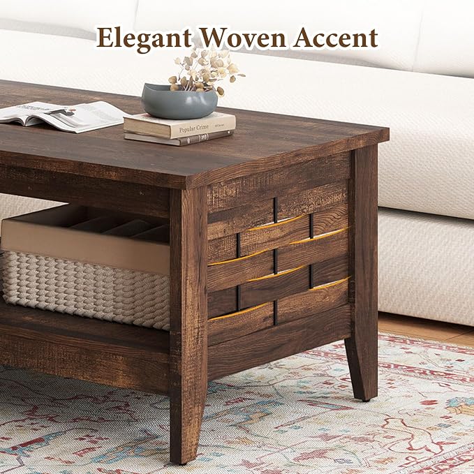 Giantex Farmhouse Coffee Table, 2-Tier Center Table with Storage Open Shelf & Woven Slatted Design, 39.5" Rectangular Accent Cocktail Table, Wood Coffee Tables for Living Room (Rustic Brown)