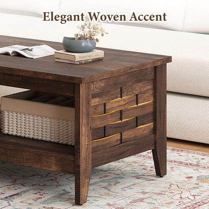 Giantex Farmhouse Coffee Table, 2-Tier Center Table with Storage Open Shelf & Woven Slatted Design, 39.5" Rectangular Accent Cocktail Table, Wood Coffee Tables for Living Room (Rustic Brown)