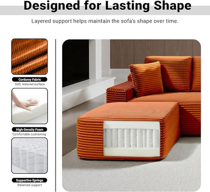 ivoros 150 Inch Modular Sectional Sofa Couch, Oversized Modern Cloud Couch for Living Room, U Shape Couches with 2 Ottomans, USB Ports and Cup Holders, Orange Corduroy Boneless Sofas, Sofa in a Box