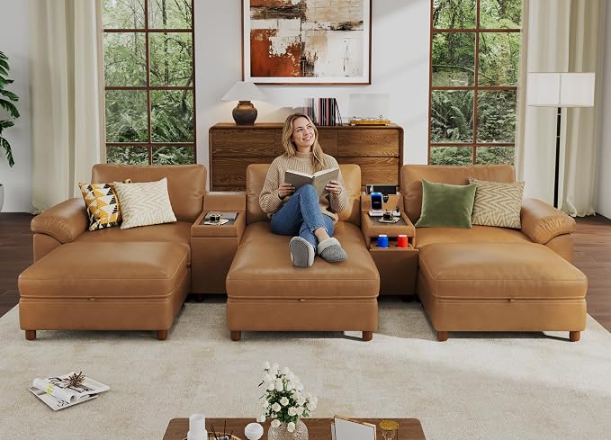 SITJOY Large Cloud Couch, 146" Wide 3 Seater Sofa Bed with Console, Brown | Pet-Friendly Scratch-Resistant Leather Sectional Sofas for Living Room, Deep Seat Wide Couch with Chaise, Storage Ottoman