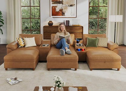 SITJOY Large Cloud Couch, 146" Wide 3 Seater Sofa Bed with Console, Brown | Pet-Friendly Scratch-Resistant Leather Sectional Sofas for Living Room, Deep Seat Wide Couch with Chaise, Storage Ottoman