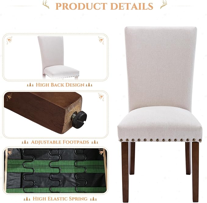 Set of 6 Beige Upholstered Dining Chairs, Farmhouse Kitchen Chairs with High Back, Solid Rubberwood Legs, Comfortable Padded Foam Seat, Bronze Nailhead Trim, Dining Room Chairs for Large Families