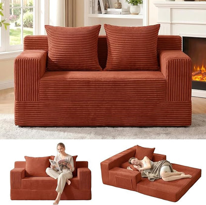 Erament Convertible Sofa Bed, Loveseat Folding Floor Futon Sleeper Sofa Couch Bed- Boneless Foldable Couch, Corduroy Pull Out Sofa Bed with 2 Pillows for Living Room & Bedroom