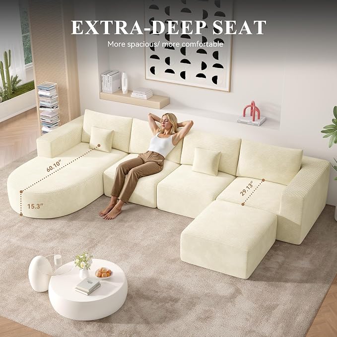 134" Boneless Couches for Living Room,Large U-Shaped Modular Sectional Sofa with Convertible Ottoman,Modern Cozy Cloud Couch in a Box,Sponge Compression Deep Seat Sofas with Chaise,Beige,1pcs