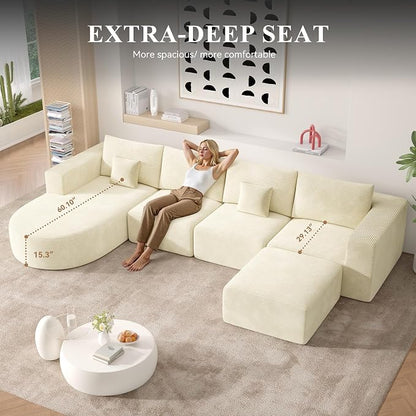 134" Boneless Couches for Living Room,Large U-Shaped Modular Sectional Sofa with Convertible Ottoman,Modern Cozy Cloud Couch in a Box,Sponge Compression Deep Seat Sofas with Chaise,Beige,1pcs