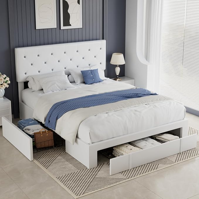 VECELO Queen Size Bed Frame with 3 Storage Drawers, Leather Upholstered with Diamond Tufted Headboard, Solid Wood Slat Support & Steel Framework, PU & White