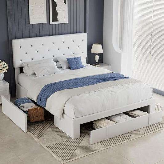 VECELO Queen Size Bed Frame with 3 Storage Drawers, Leather Upholstered with Diamond Tufted Headboard, Solid Wood Slat Support & Steel Framework, PU & White