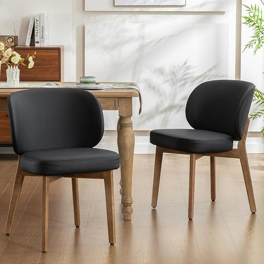 YOUNIKE Dining Chairs Set of 2 Modern Kitchen Dining Room Chairs Black | Faux Leather Upholstered Armless Side Accent Chair with Back Wide Padded Seat Wooden Leg, Soft, Waterproof, Comfortable