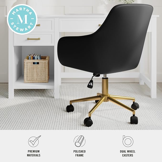 Martha Stewart Rayna Swivel Task Chair with Flared Arms for Home Office in Black Faux Leather with Polished Brass Frame