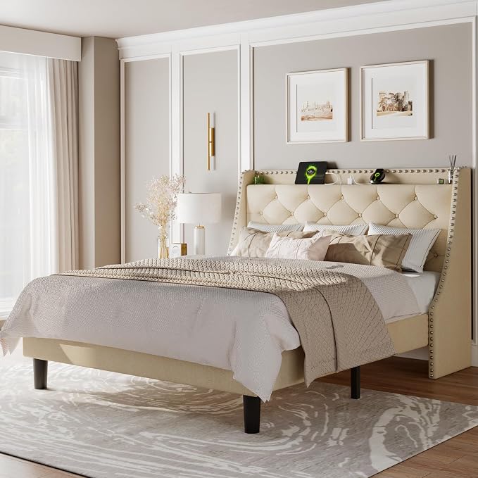 Feonase Full Size Bed Frame with Luxury Wingback and Fast Charging Station,Full Upholstered Button Tufted Storage Headboard Platform Bed, Sturdy Wooden Slats Support, Noise-Free, Easy Assembly, Beige