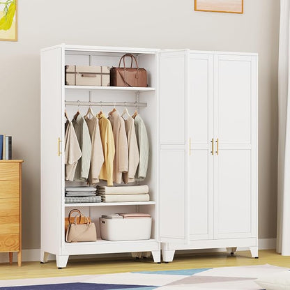 PAOFIN 71" Metal Armoire Wardrobe Closet, Bedroom Clothing Storage Cabinet with Hanging Rod, Freestanding White Armoire Cabinet with Adjustable Shelves