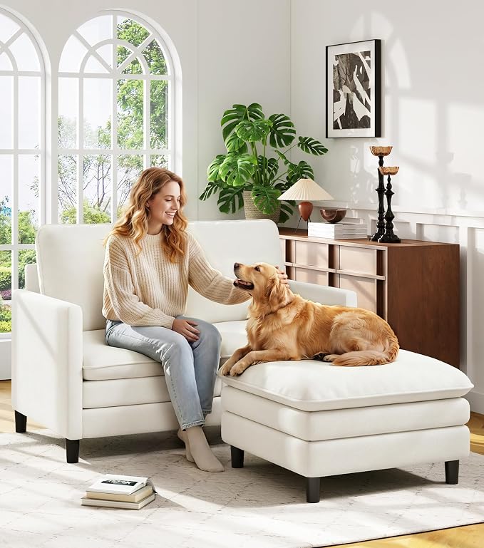 Welzona 3-Layers Cloud L Shaped Couch, 51" Loveseat Sofa Living Room, Bedroom - Tool-Free Assembly with Teddy Fabric Small L Shape Sofa - Beige - Removable Washable Covers - 650lbs Capacity