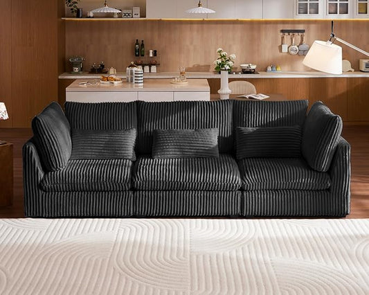 115" Oversized Corduroy Couch Modular Sectional Sofa, Washable Cloud Couch Sectional, 3 Seater Sectional Couches for Living Room, Fully Cover Removable, Basic 3 Seater, Corduroy, Black