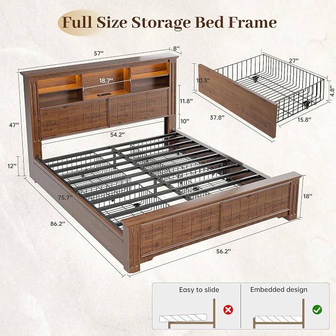 EnHomee Full Size Bed Frame with Storage Headboard and 4 Drawers,Charging Port & LED,No Box Spring Needed,Heavy-Duty Structure,Noise,-Free,Vintage Brown