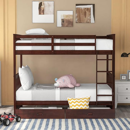 Merax Twin-Over-Twin Bunk Bed with Two Storage Drawers, Solid Wood Twin Size Bunk Bed with Guardrial and Removble Ladder, Can be Converted Into 2 Separate Beds, Espresso