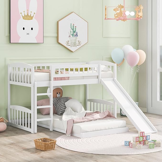 Twin Over Twin Bunk Bed, Wood Bunk Bed with Slide and Ladder, White