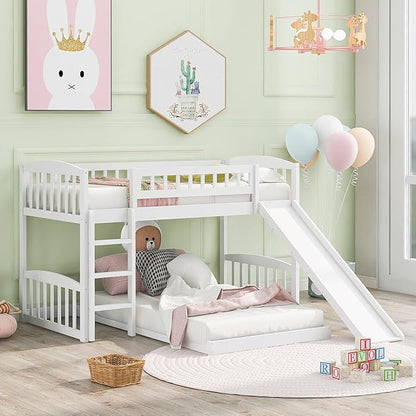 Twin Over Twin Bunk Bed, Wood Bunk Bed with Slide and Ladder, White