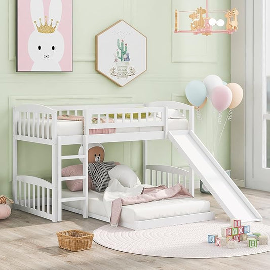 Twin Over Twin Bunk Bed, Wood Bunk Bed with Slide and Ladder, White