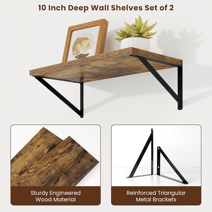 Axeman Deep Floating Shelves | 20 Inch Brown Wall Shelves Set of 2 | 10 Inch Deep Rustic Wood Shelves for Wall | 20'' W x 10''D Brown Shelves for Living Room Bathroom Kitchen