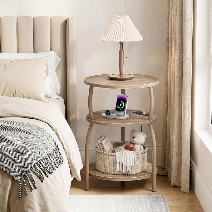 Round Side Table with Power Outlet & USB Ports, 3-Tier End Table with Storage Shelf, 15.7" Wide Nightstand for Small Spaces, Tall Bedside Table Capable of Charging Laptops & Phones, Rustic Brown